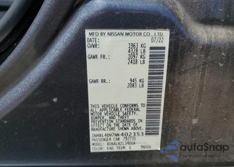 2022 Nissan Altima Sv from USA, damaged, VIN 1N4BL4DV7NN402353